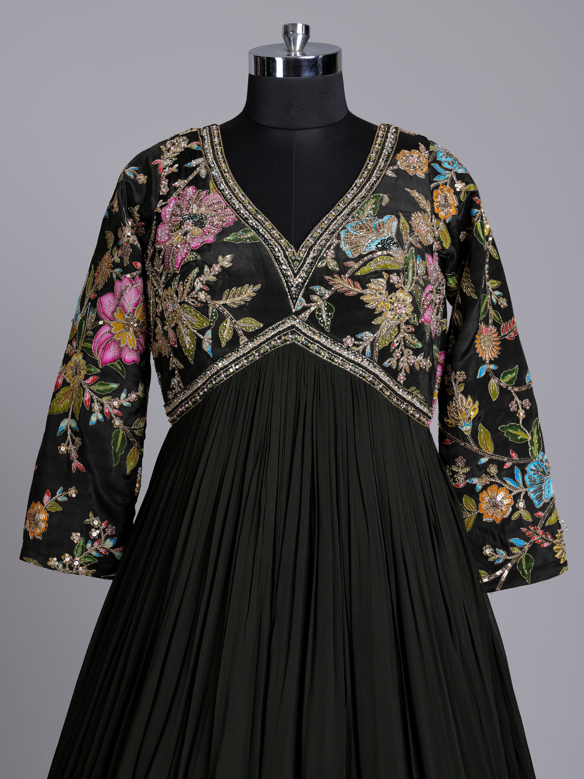 Black georgette anarkali suit with embellished dupatta