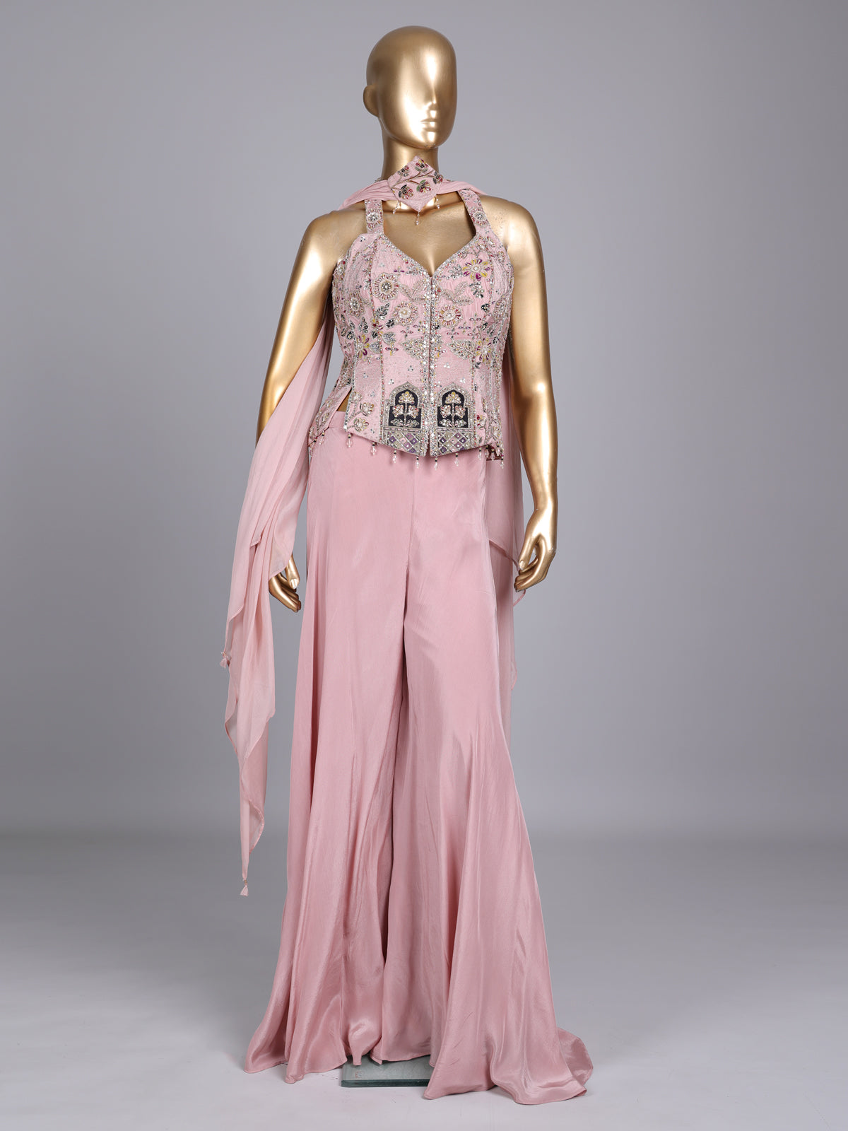 Dusty pink chiffon silk palazzo suit with embellished dupatta