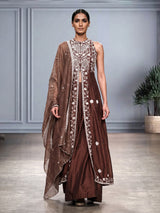 Dark brown raw silk designer palazzo suit with palazzo styling