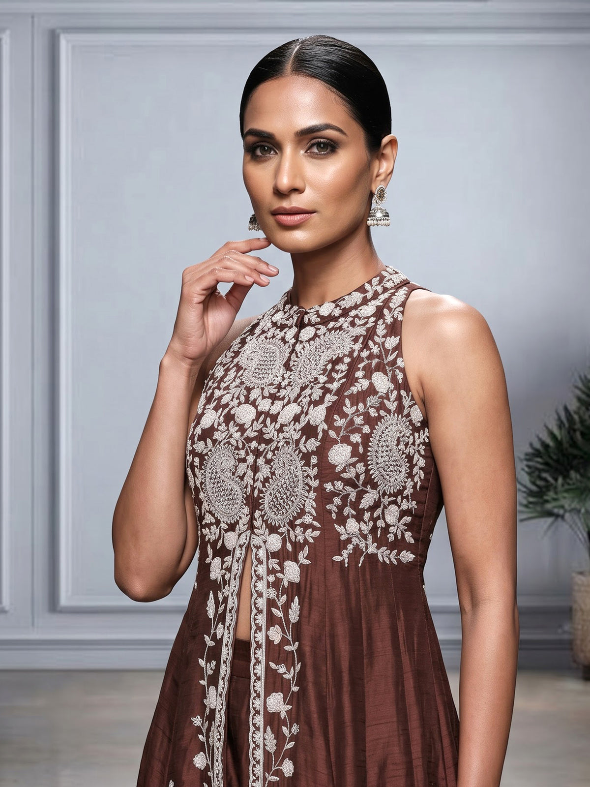 Dark brown raw silk designer palazzo suit with palazzo styling