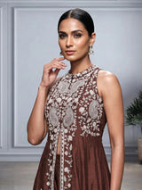Dark brown raw silk designer palazzo suit with palazzo styling