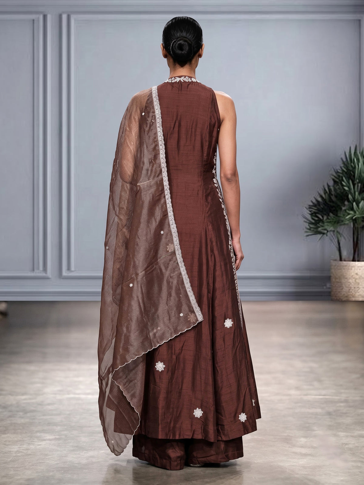Dark brown raw silk designer palazzo suit with palazzo styling