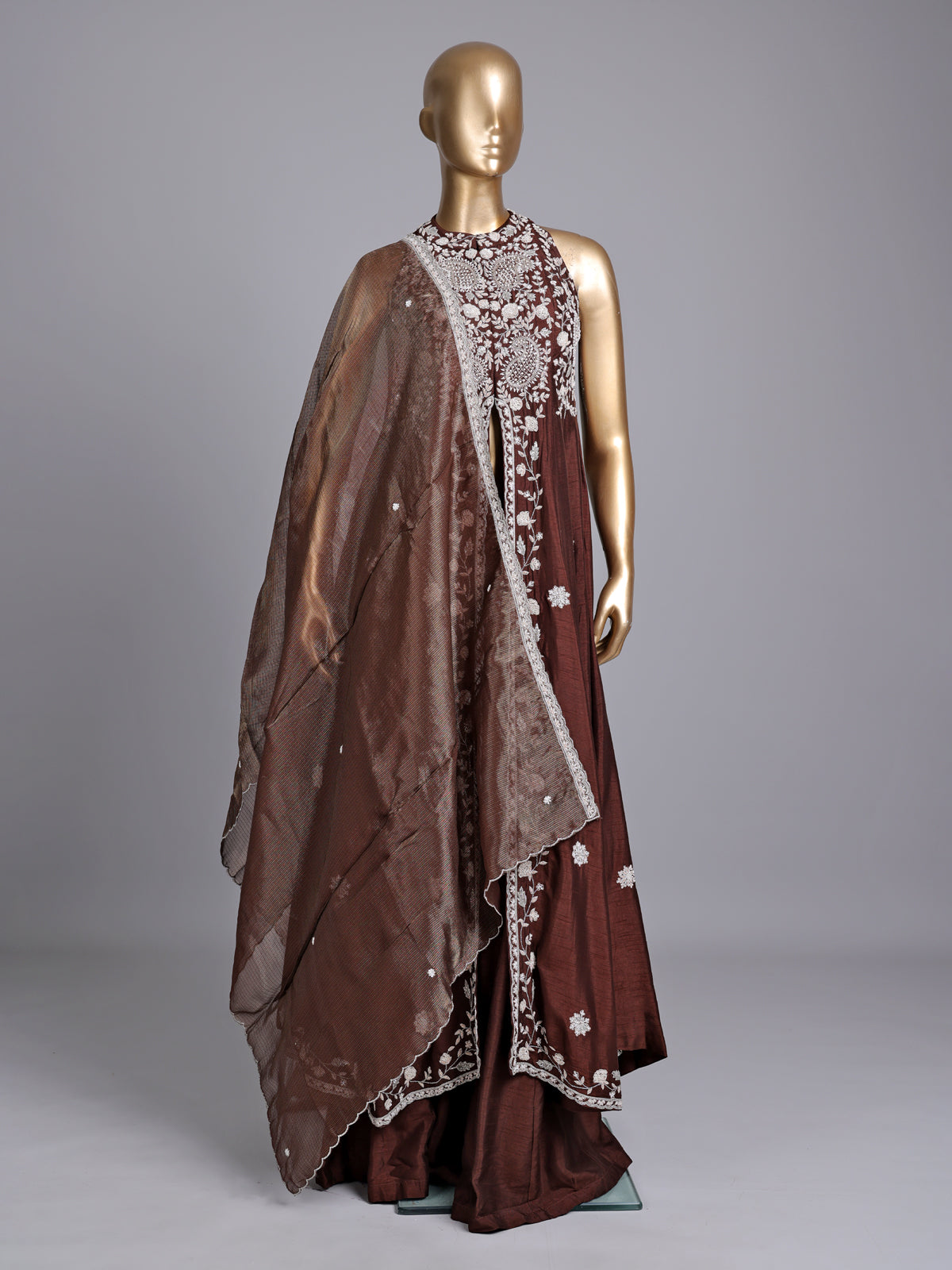 Dark brown raw silk designer palazzo suit with palazzo styling
