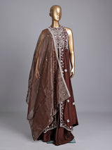 Dark brown raw silk designer palazzo suit with palazzo styling