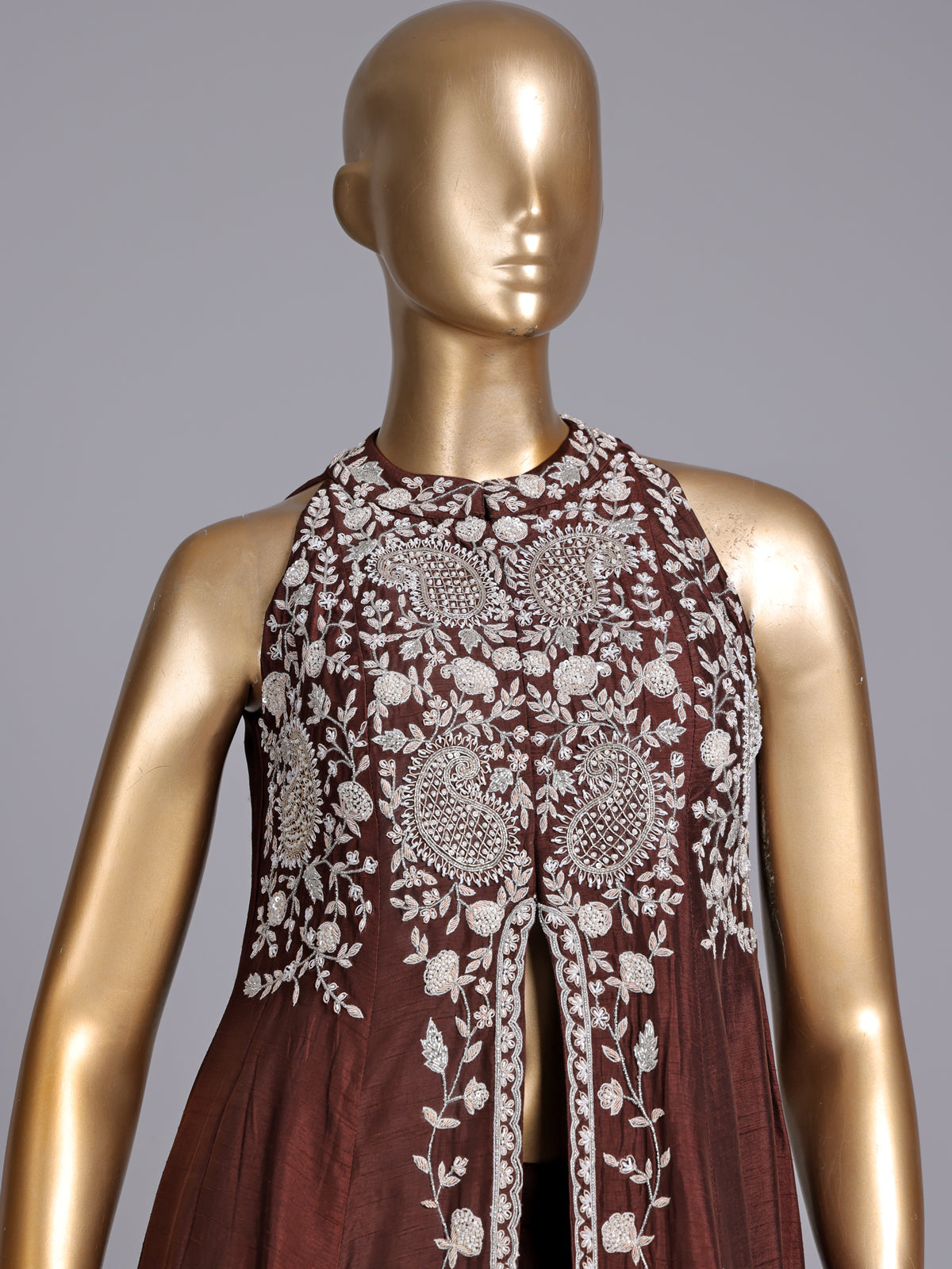Dark brown raw silk designer palazzo suit with palazzo styling