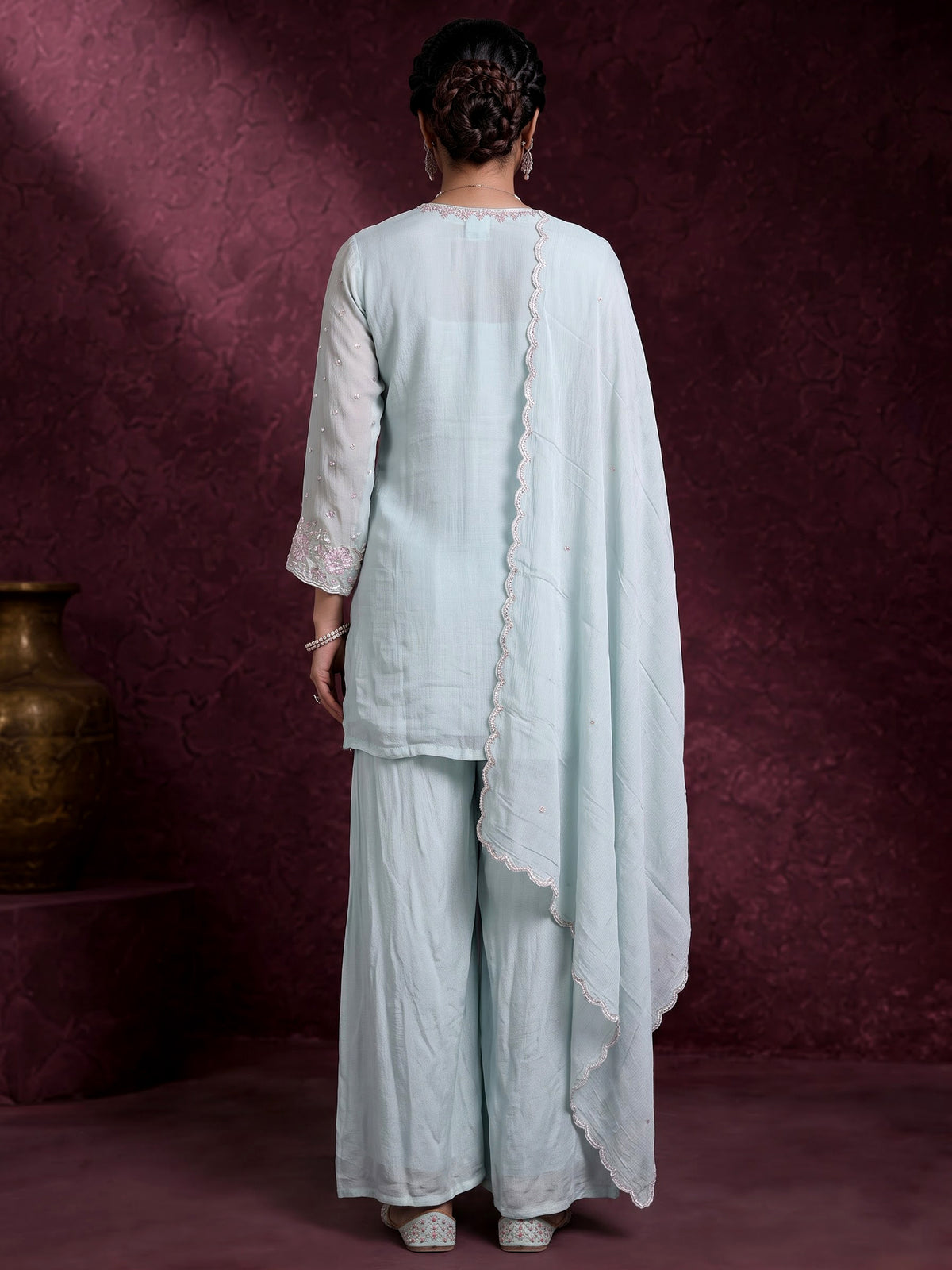 Mint blue silk pakistani palazzo suit with embellished dupatta
