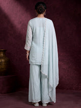 Mint blue silk pakistani palazzo suit with embellished dupatta