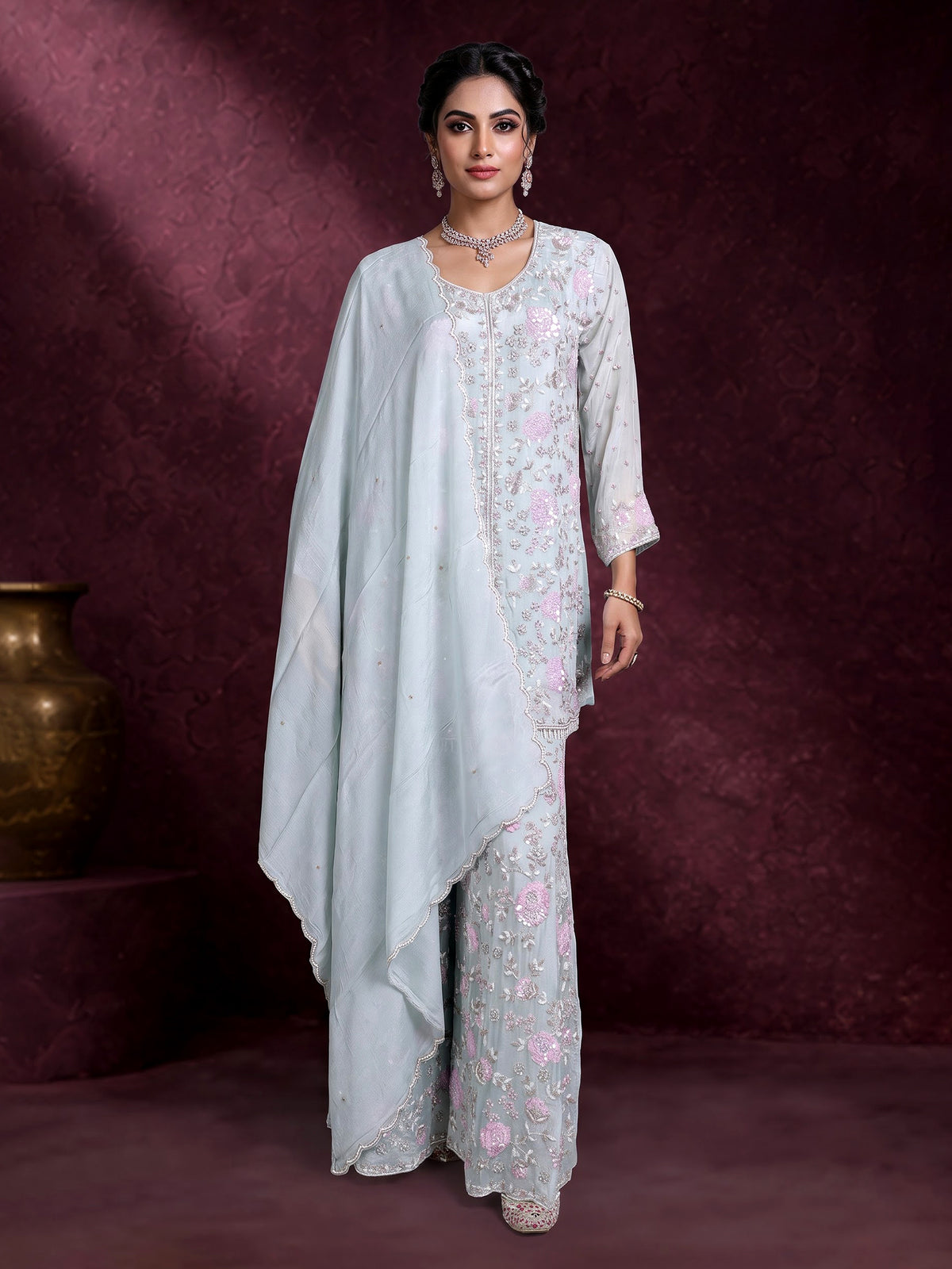 Mint blue silk pakistani palazzo suit with embellished dupatta