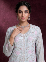 Mint blue silk pakistani palazzo suit with embellished dupatta