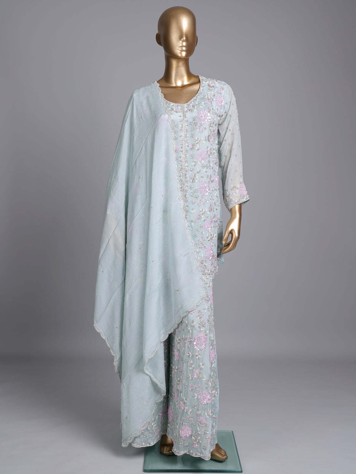 Mint blue silk pakistani palazzo suit with embellished dupatta