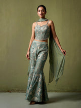 Pastel pista green designer silk palazzo suit with floral dupatta