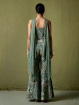 Pastel pista green designer silk palazzo suit with floral dupatta