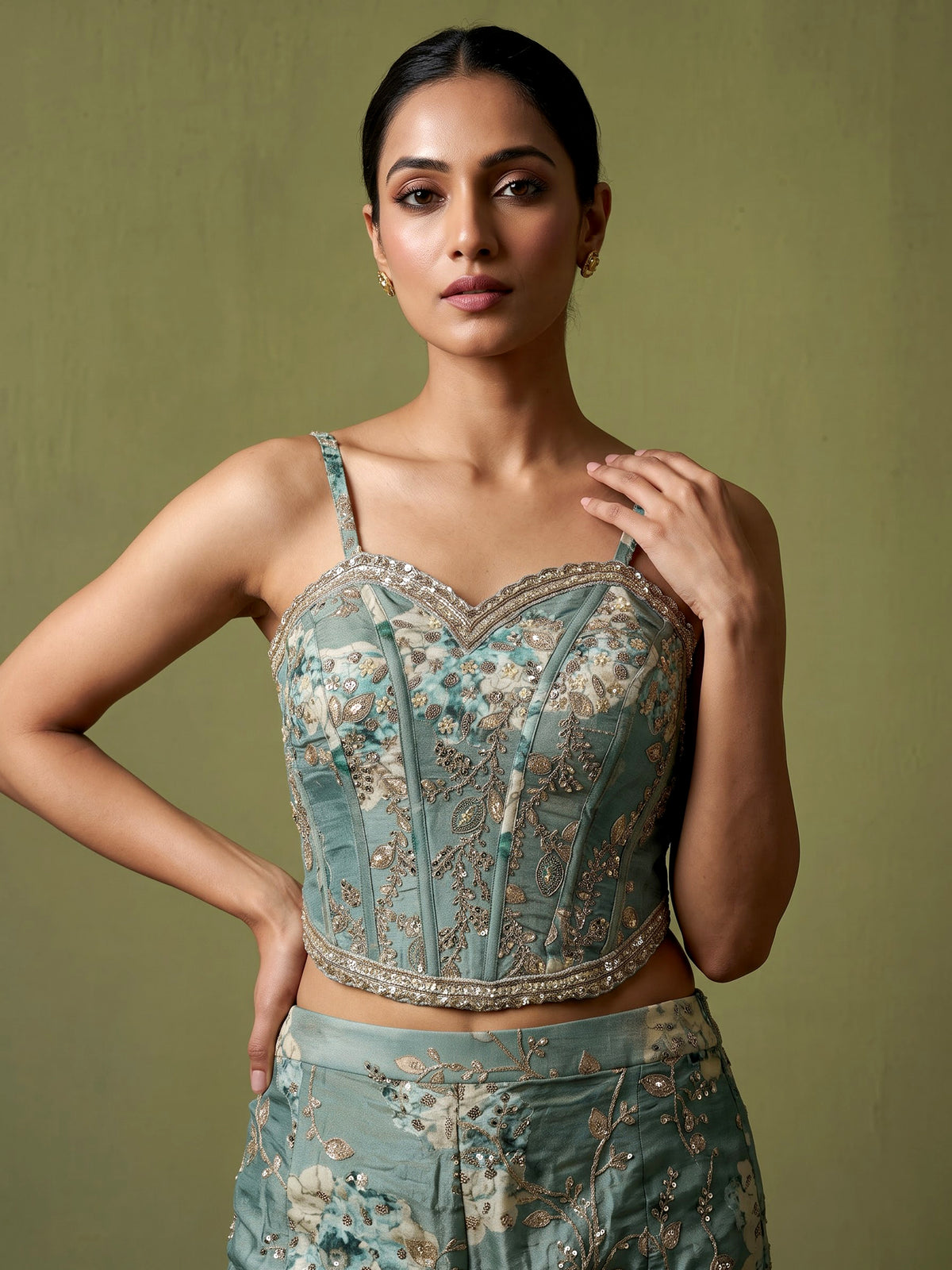 Pastel pista green designer silk palazzo suit with floral dupatta