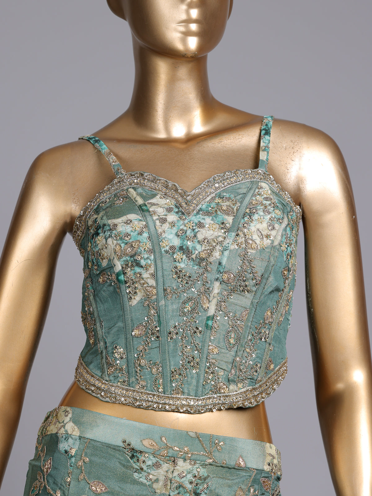 Pastel pista green designer silk palazzo suit with floral dupatta