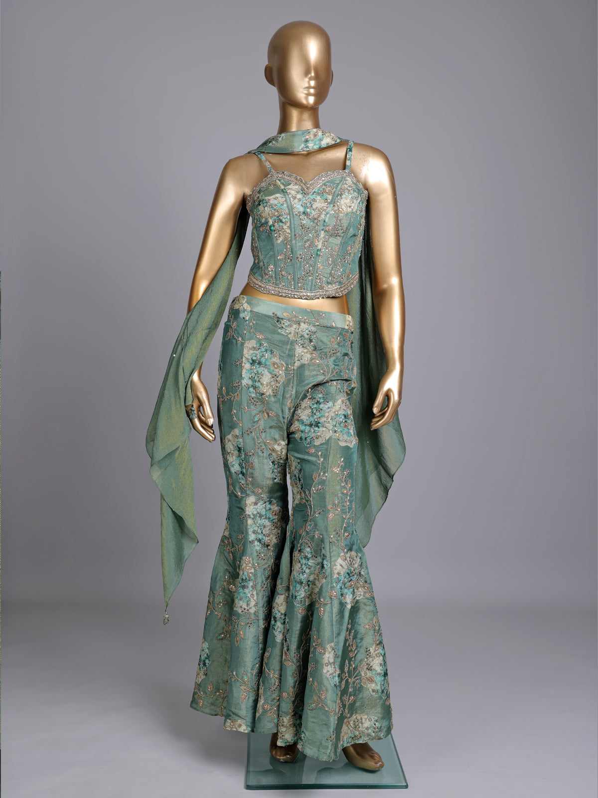 Pastel pista green designer silk palazzo suit with floral dupatta