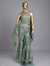Pastel pista green designer silk palazzo suit with floral dupatta
