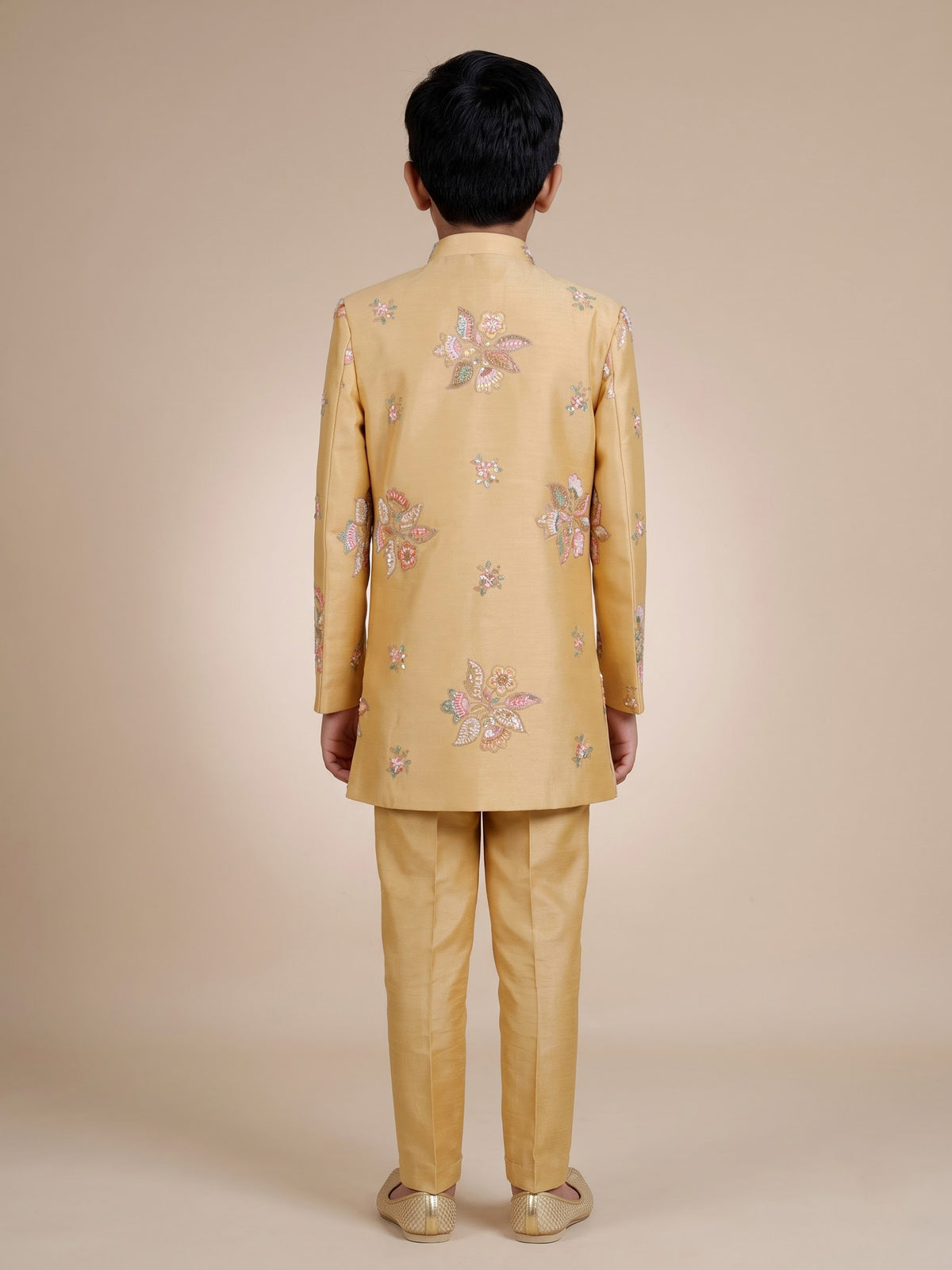 Beige silk boys indowestern set with intricate resham embellishments