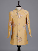 Beige silk boys indowestern set with intricate resham embellishments