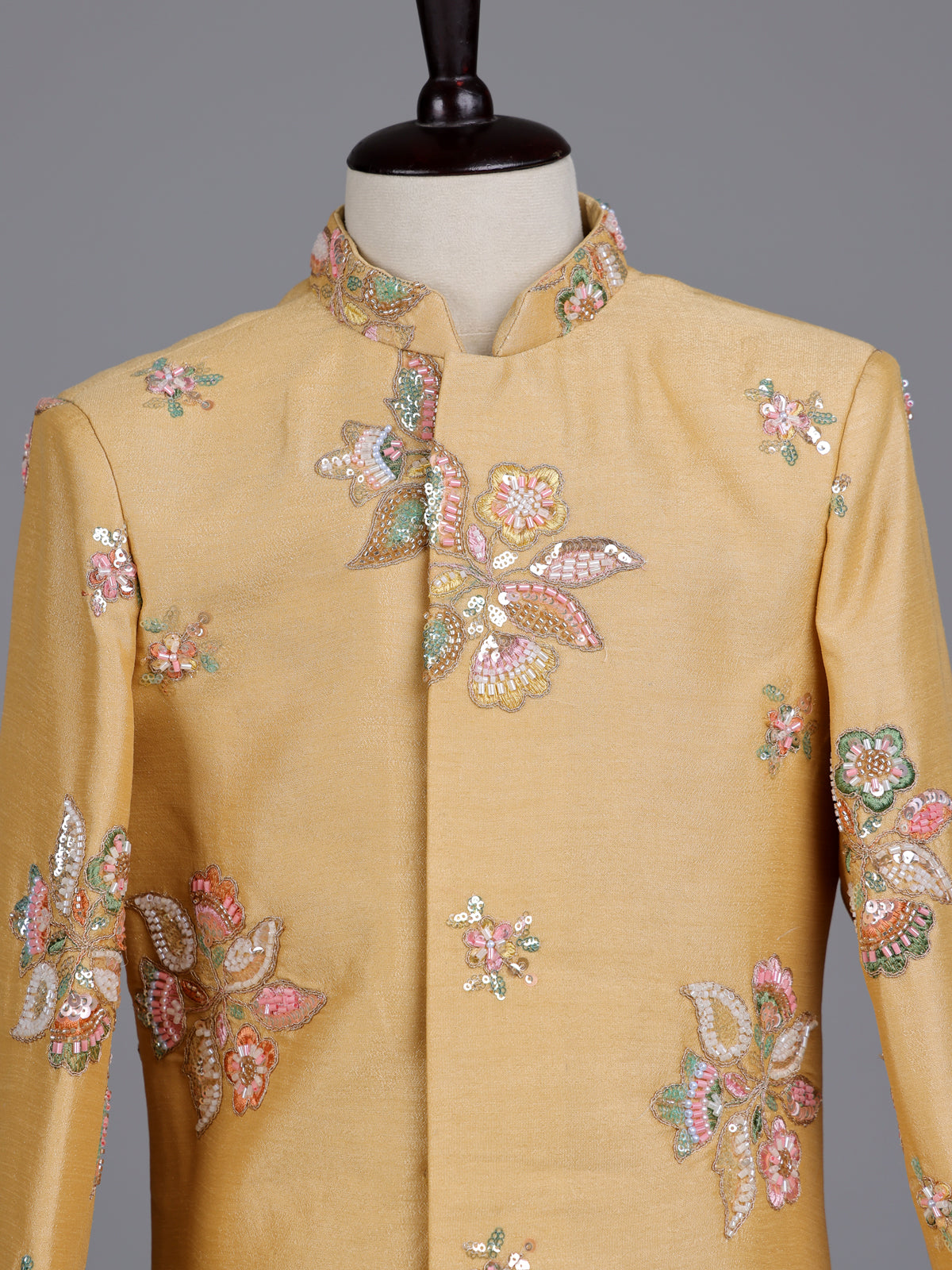 Beige silk boys indowestern set with intricate resham embellishments