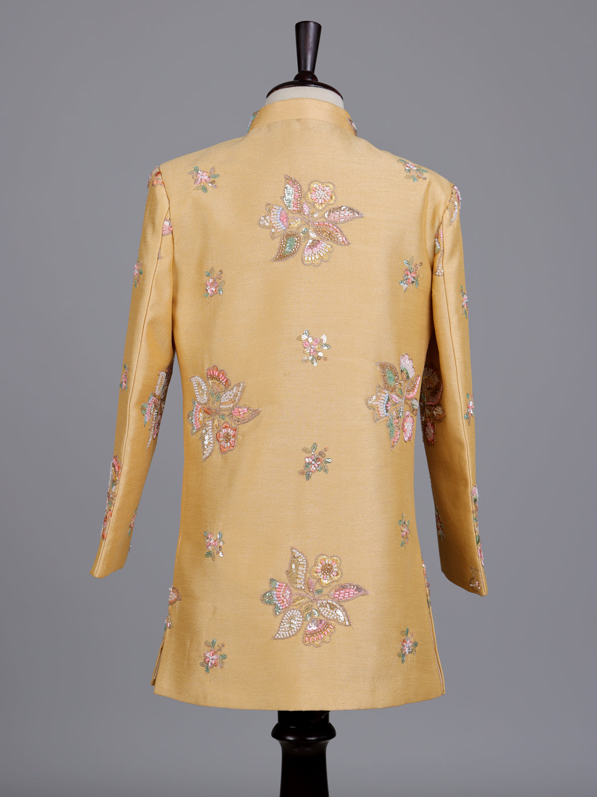 Beige silk boys indowestern set with intricate resham embellishments