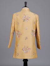 Beige silk boys indowestern set with intricate resham embellishments
