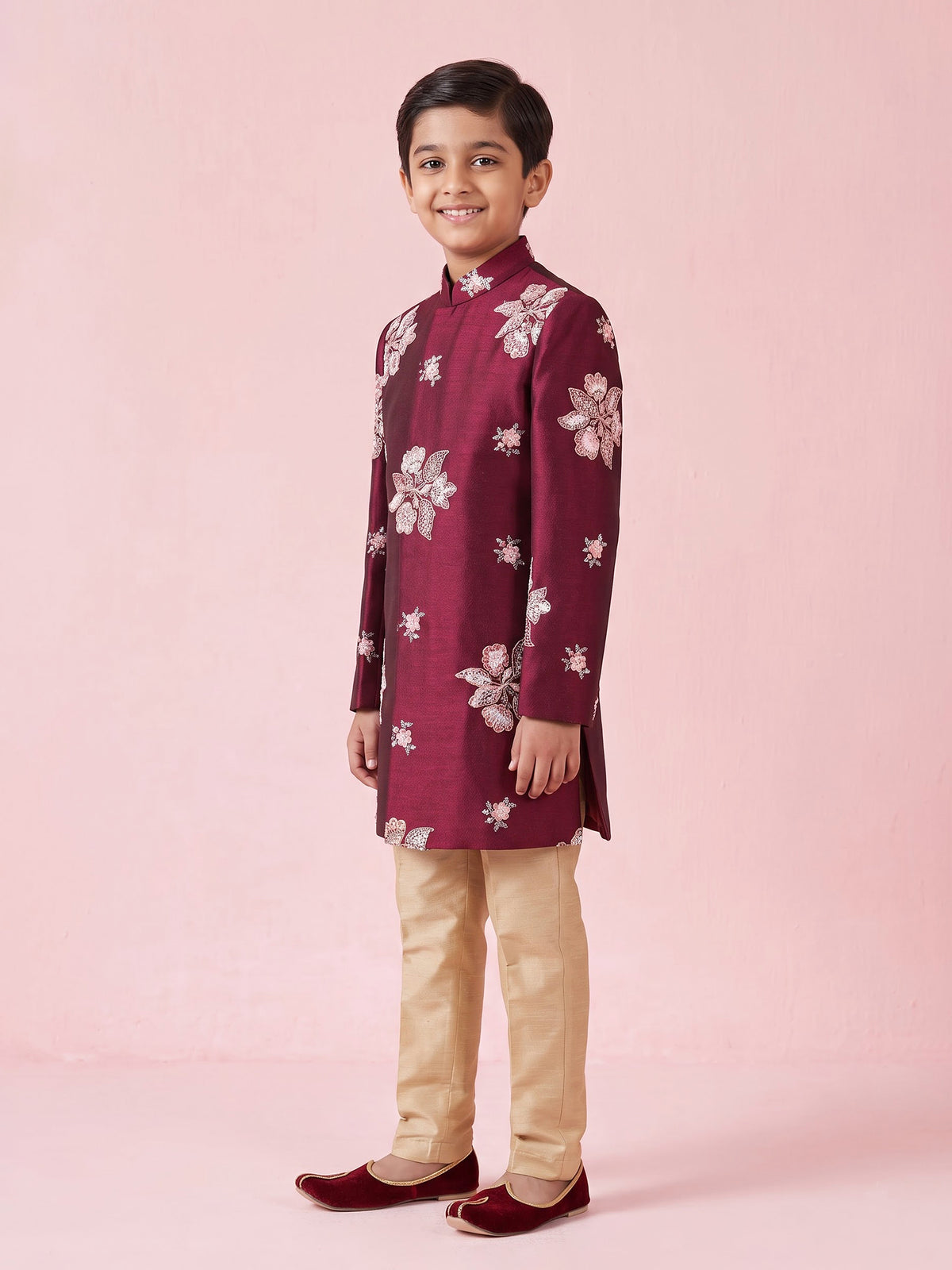 Maroon silk boys indowestern set with resham and cutdana work