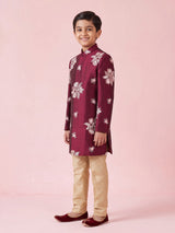 Maroon silk boys indowestern set with resham and cutdana work