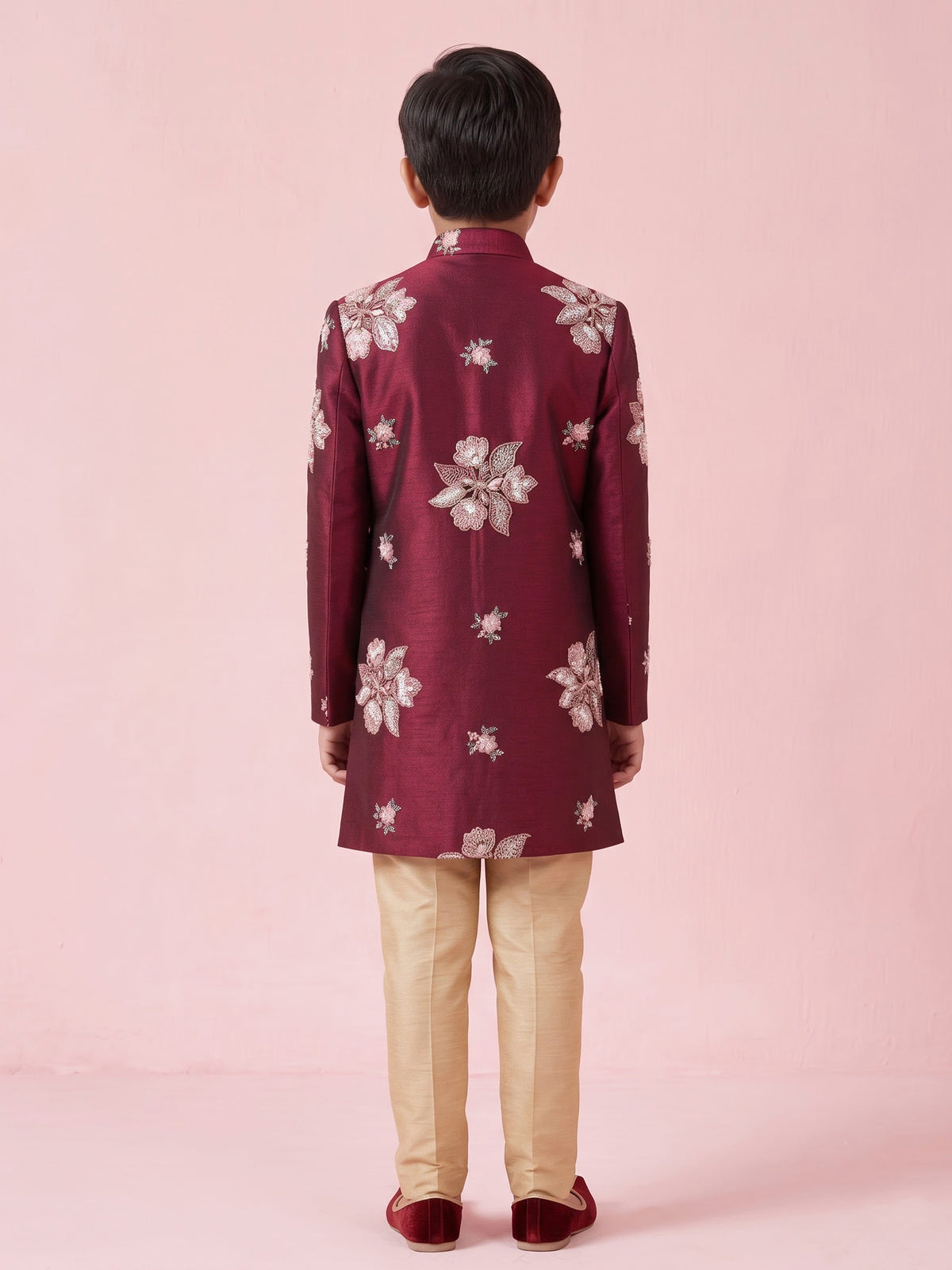 Maroon silk boys indowestern set with resham and cutdana work