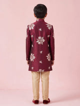 Maroon silk boys indowestern set with resham and cutdana work