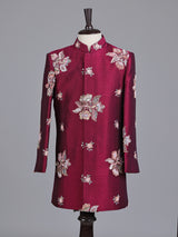 Maroon silk boys indowestern set with resham and cutdana work
