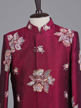 Maroon silk boys indowestern set with resham and cutdana work