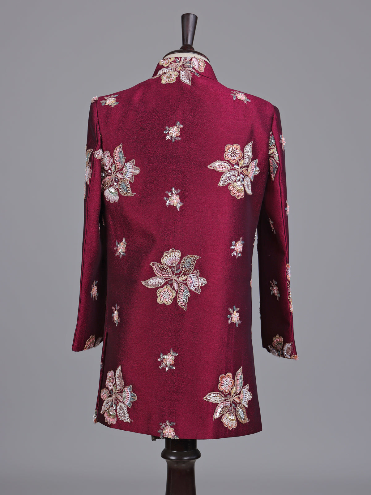 Maroon silk boys indowestern set with resham and cutdana work