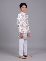 White cotton silk boys indowestern set with embroidery and gota