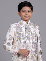 White cotton silk boys indowestern set with embroidery and gota