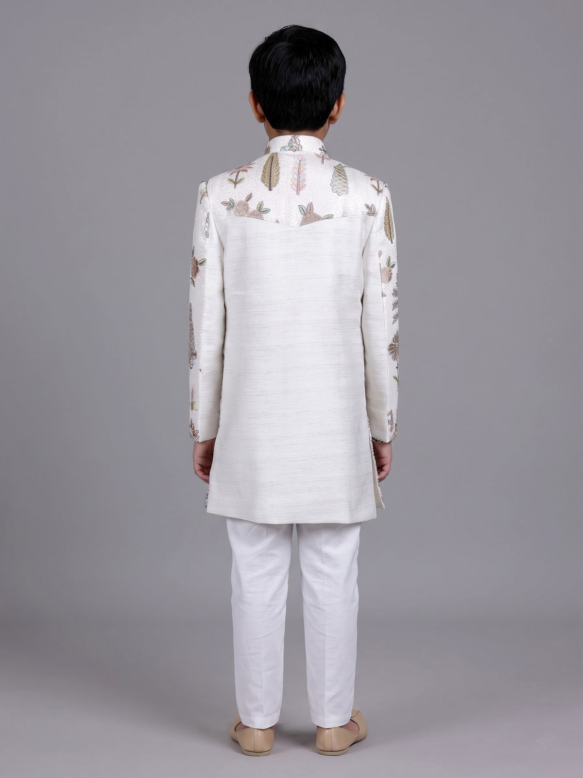 White cotton silk boys indowestern set with embroidery and gota