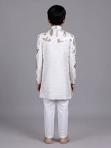 White cotton silk boys indowestern set with embroidery and gota
