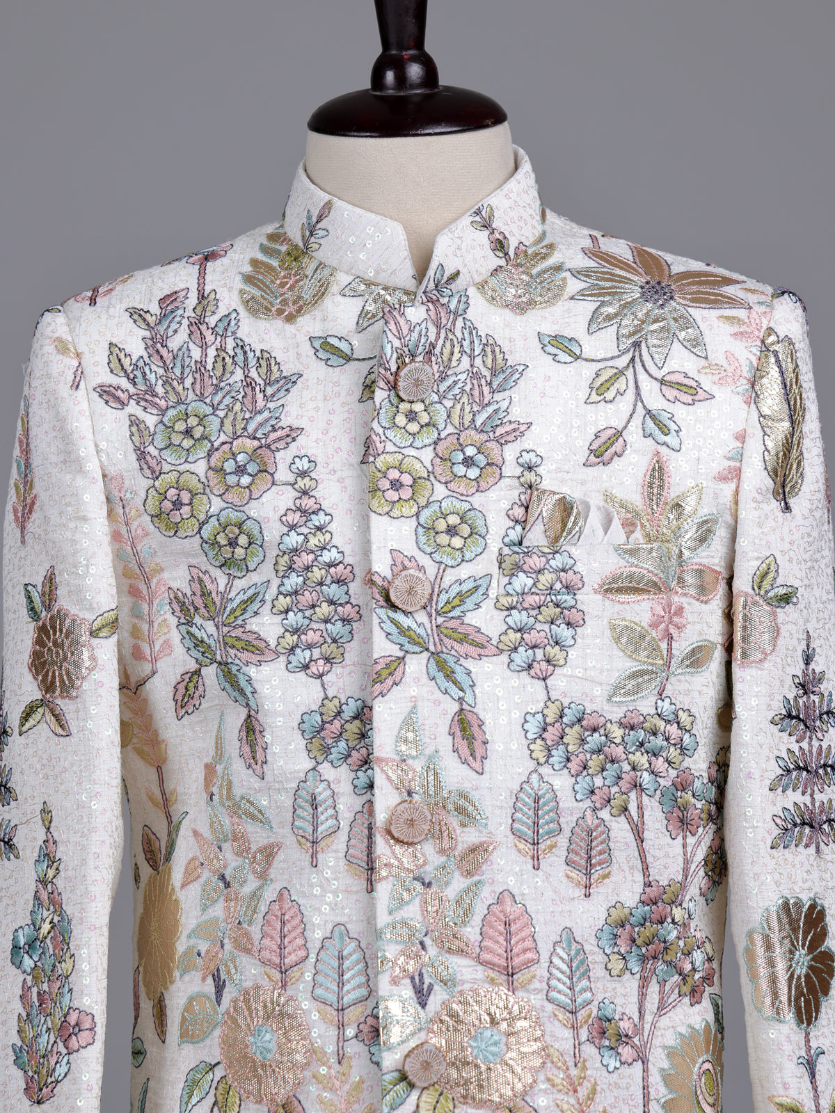 White cotton silk boys indowestern set with embroidery and gota