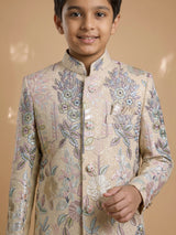 Beige cotton silk boys indowestern set with sequins and gota