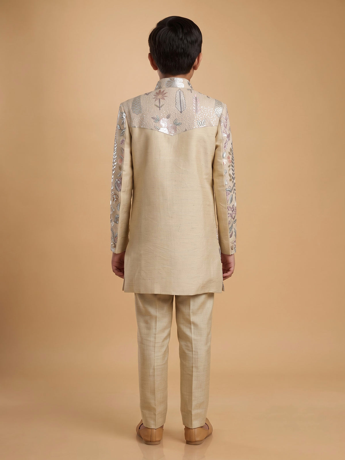 Beige cotton silk boys indowestern set with sequins and gota