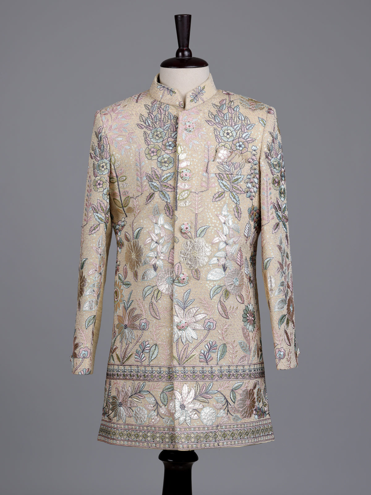 Beige cotton silk boys indowestern set with sequins and gota