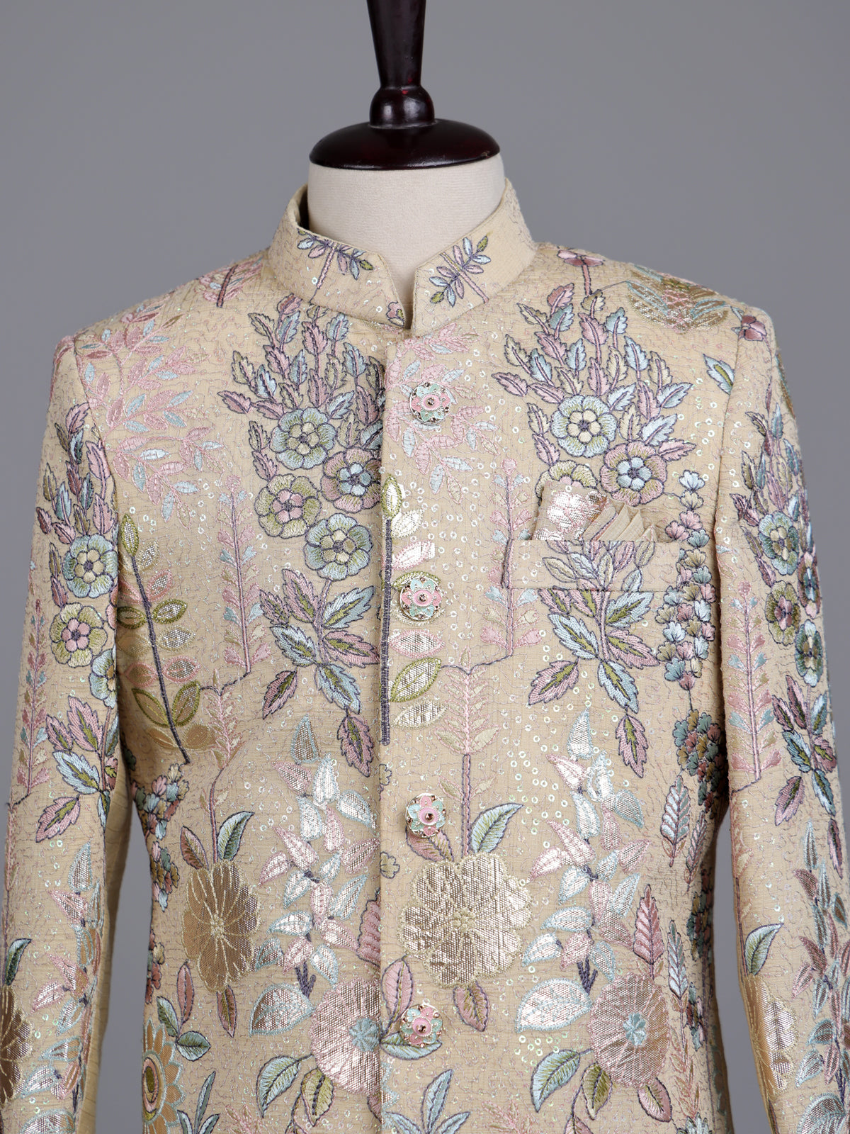 Beige cotton silk boys indowestern set with sequins and gota