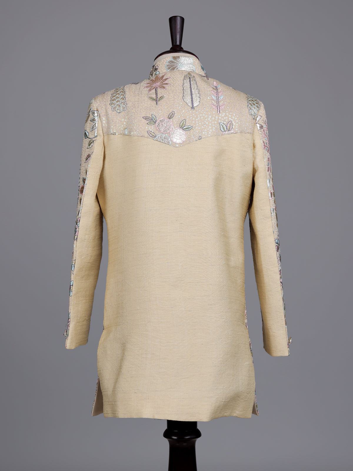 Beige cotton silk boys indowestern set with sequins and gota