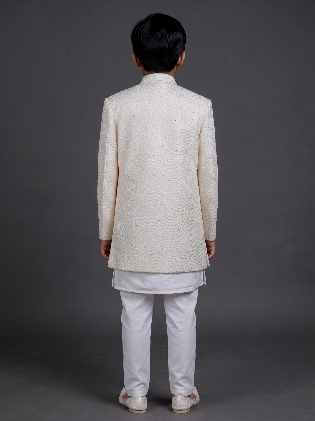 Ivory white georgette boys indowestern set with stone work