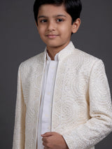 Ivory white georgette boys indowestern set with stone work
