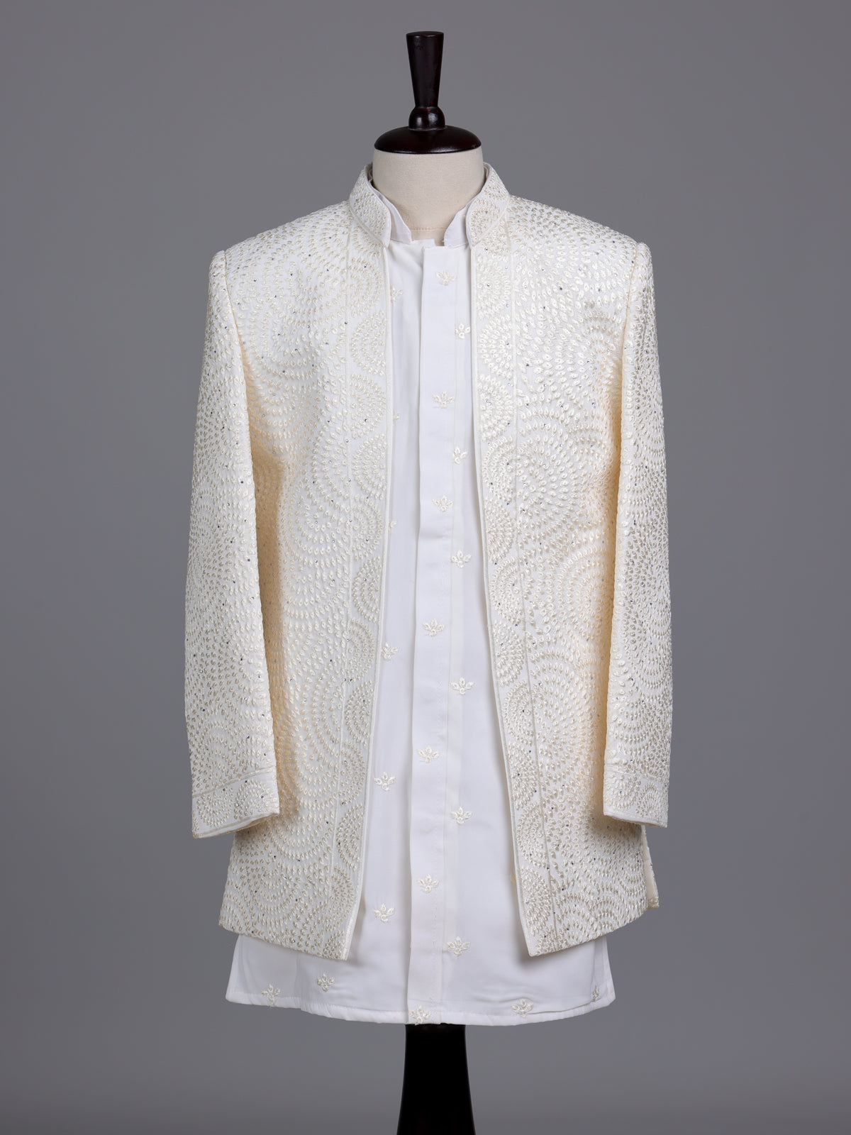 Ivory white georgette boys indowestern set with stone work