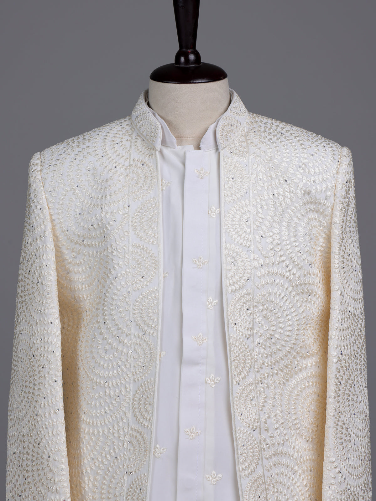 Ivory white georgette boys indowestern set with stone work