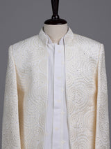 Ivory white georgette boys indowestern set with stone work