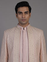 Pink jacquard silk jacket indowestern set for men