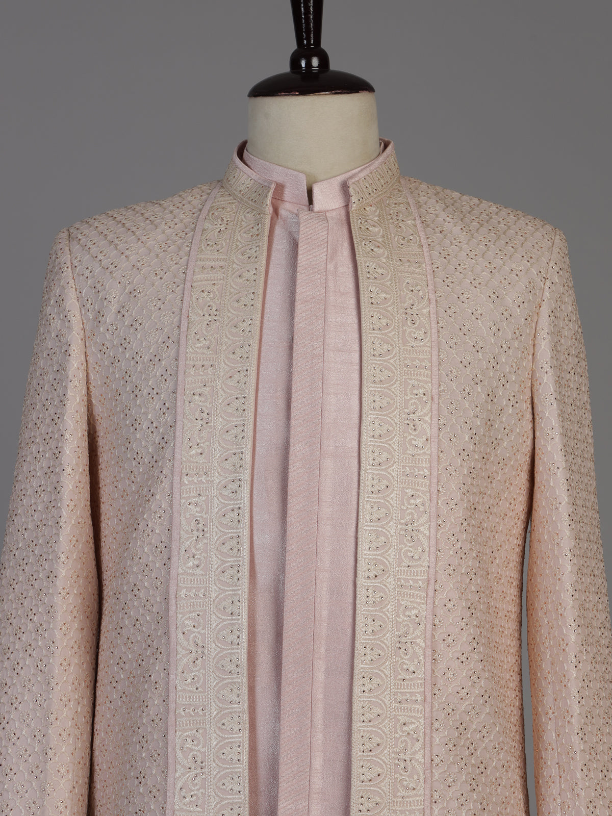 Pink jacquard silk jacket indowestern set for men