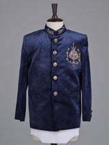 Navy velvet boys Jodhpuri suit with ornate crest detailing